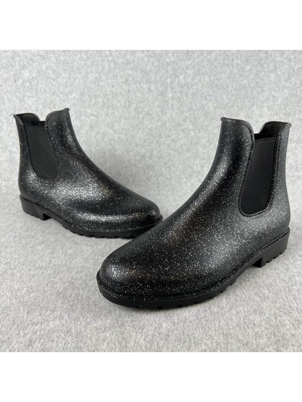 Pull On Rain Boots Ankle Rubber Glitter Black Size 3 Youth Girls Glitter Chic